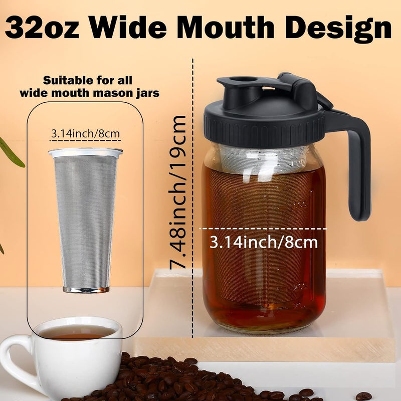 Jrssae Cold Brew Coffee Maker - 32oz Cold Brew Pitcher with Stainless Steel Super Dense Filter Easy of Use, Durable & Sturdy Classic BPA Free Sturdy Mason jar Pitcher with Black Lid Easy to Clean - Image 2